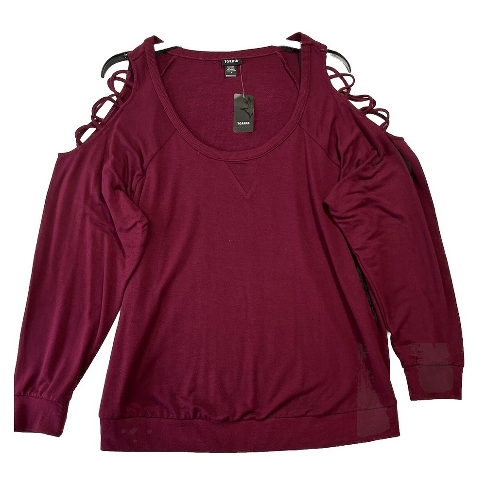 Torrid Womens Size 3 Maroon Red Lattice Sleeve Deep Merlot Scoop Neck Top (M7)